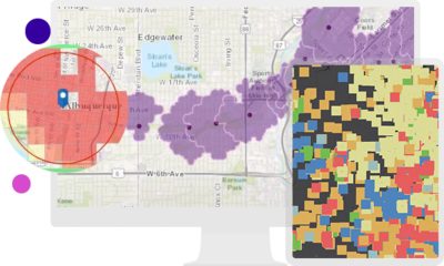 显示街道地图并且区域以紫色和红色高亮显示的计算机显示器