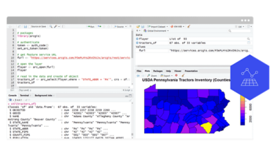  A screenshot of an RStudio interface displays code, data, and a map of Pennsylvania counties