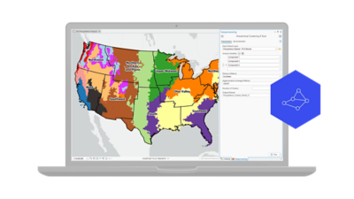 A laptop screen shows a map of the US divided into color-coded regions and a geoprocessing window for a Hierarchical Clustering R Tool