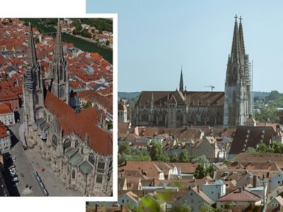 3D-mesh und reales Abbild des Doms in der Stadt Regensburg.