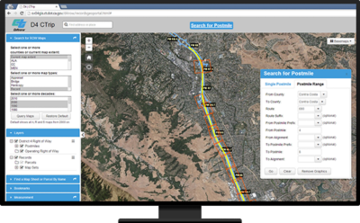 A digital map interface displaying a detailed view of roads and terrain, designed for route planning and postmile searches.