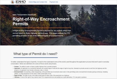 Webpage on ROW Encroachment Permits with photo winding road through forest and definitions of permits 