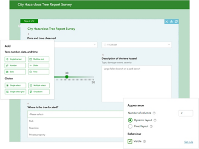 Screencap of Survey123 City Hazardous Tree Report Survey with several survey windows open