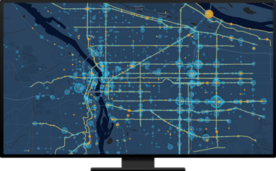 A high-resolution digital screen showcasing a data visualization map with interconnected nodes and lines.