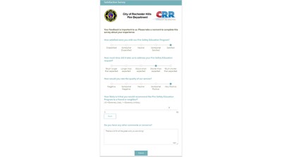 A multiple choice survey with numbered questions in blue text representing a satisfaction survey