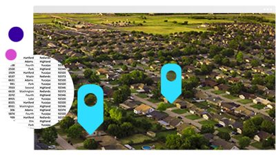 An aerial view of a residential neighborhood overlaid with two turquoise map markers and an address database