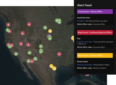A map and an alert feed showing safety, weather, and security alerts across the US, with red, yellow, and green icons scattered across the map