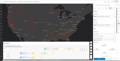 Un mapa del cambio en la cobertura arbórea de 2017 a 2024 en EE. UU. con imágenes de Sentinel 2.