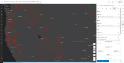 Mapa de la variación de la cobertura arbórea entre 2017 y 2024 en EE. UU., utilizando imágenes de Sentinel 2.