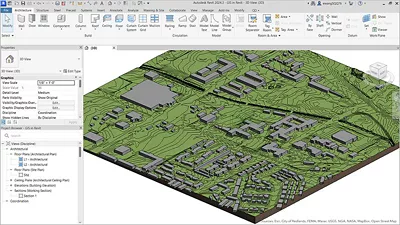 Modèle 3D vert d’une ville rendu dans Autodesk Revit, affichant les bâtiments et le terrain avec des isolignes