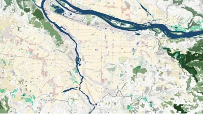 A stylized map of Edinburgh, Scotland, showing buildings and terrain alongside cartography tools in ArcGIS Pro