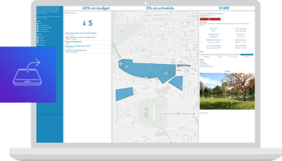 Écran d’ordinateur portable affichant un tableau de bord cartographique avec un plan de ville ainsi que des listes de pointes de données et des légendes des options d’analyse