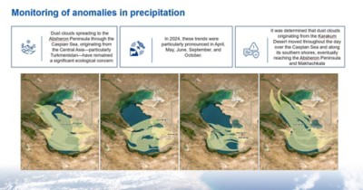 Four satellite images show dust cloud movement across regions; green overlays highlight precipitation anomalies with text