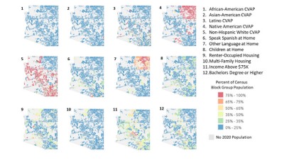 Twelve thumbnail images of colorful demographics maps of Arizona alongside a map legend