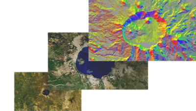 Three panels show a lake from a distance, the same lake close up, and the lake with remote sensing data in red, yellow, and blue