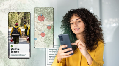 A person using a mobile device overlaid with images of an interface displaying content about wildfires 