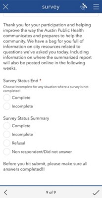 Question 9 of 9 on a digital survey about completion status with options for complete, incomplete, refusal, or not answering
