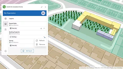 Modèle 3D avec volet ArcGIS for Autodesk Forma sur la gauche affichant des couches d’organisation nommées Parcels Public, Building Footprints et Zoning