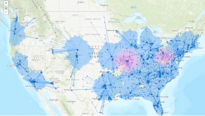 Map of the United States with blue dots and lines