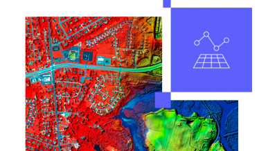 A vibrant aerial map showcasing urban and natural landscapes in red and green tones.