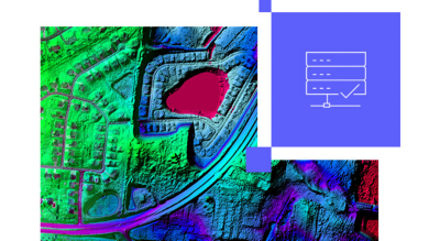 A vibrant topographic map showcasing elevation data in green, blue, and magenta tones.