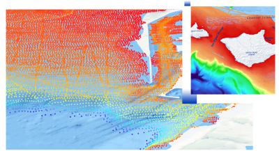 Nuage de points bathymétriques avec des points en bleu, rouge et orange et un quadrillage bathymétrique d’une île avec du bleu, du vert et du rouge