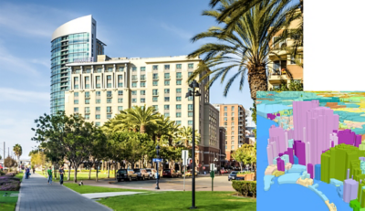 A cityscape with modern high-rise buildings, palm trees, and a grassy park, with a detailed 3D GIS digital twin of the city