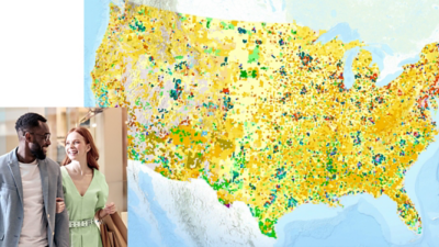 Map of the continental United States in shades of yellow, brown, green, red, and blue representing consumer buying power