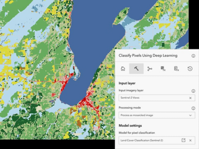 Résultats d’un modèle d’occupation du sol pré-entraîné cartographiant le développement urbain, les forêts, les cours d’eau et l’agriculture dans la région des Grands Lacs