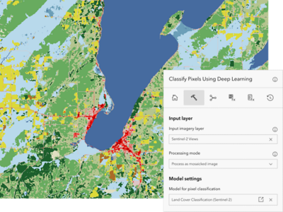 Output from a pretrained land cover model mapping urban development, forests, water, and agriculture in the Great Lakes area