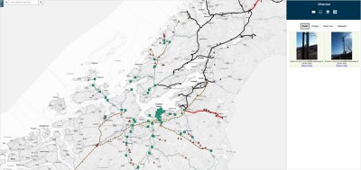 A map of Norway with green lines showing routes. Points of interest are marked. A panel on the right shows image details.