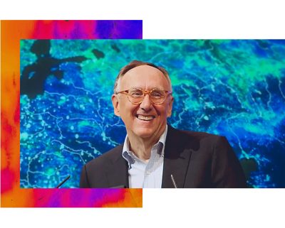 Jack Dangermond, cofounder of Esri and author of the mapping book The Power of Where, overlaid on two contrasting heatmaps