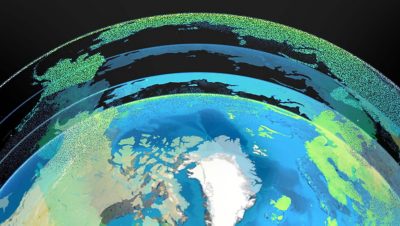 A stylized digital rendering of Earth focusing on the Arctic region, overlaid with data points and semi-transparent layers.