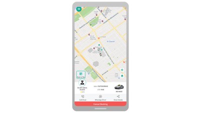 mobile device shows details after a ride is booked, rider views driver name, rating, vehicle type, and estimated arrival time