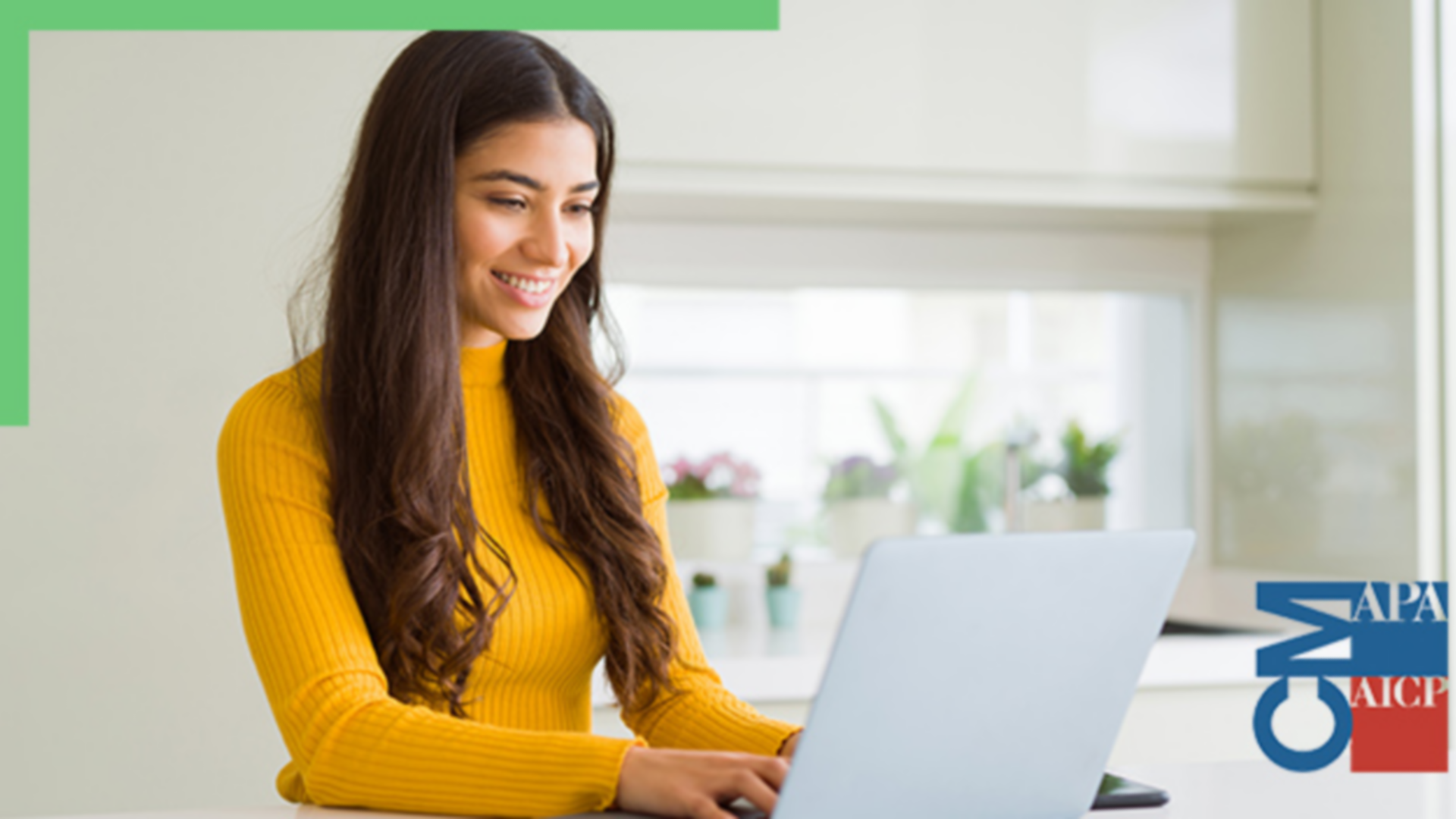 A person at a table smiling and working on a laptop, overlaid with a green border on the top left and a logo for the American Planning Association (APA)/American Institute of Certified Planners (AICP) on the bottom right