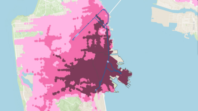 a map displays gradient shades of pink to indicate unknown disparities in an area