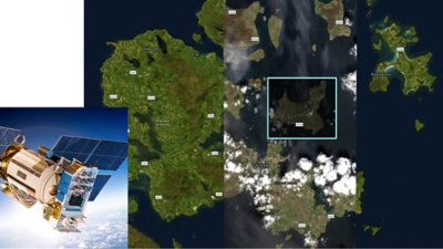 Aerial view of the island of Orkney, with a middle portion enlarged for a closer view