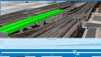 A digital twin of an aerial view of London, England, showing the River Thames, Houses of Parliament, and Big Ben.