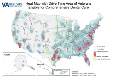 A US heat map shows VA dental clinic density where red indicates high density and lighter colors signify limited access