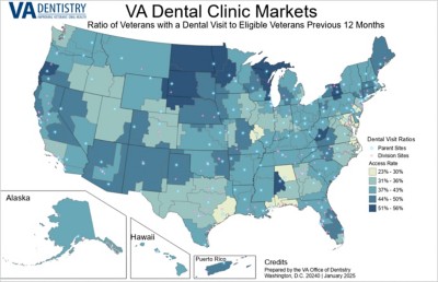 A US map uses light to dark blue shades to show the percentage of veterans who got dental care last year
