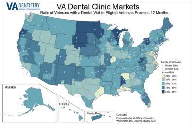 A US map displays a gradient of blue across states, illustrating the varying costs of veteran dental care