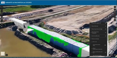 A 3D model of a dam structure with still brown waters on one side and a clear slope on the other, overlaid with a small legend of analysis options