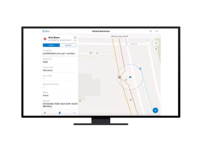 Kuvituskuva, missä on varoitusilmoitus ilmajohtoverkon kaatuneesta tolpasta