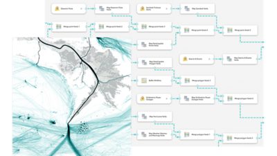 An analytics workflow overlaid with a map displaying eal-time transportation data with highlighted routes and activity patterns
