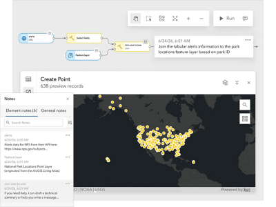 A data pipeline overlaid with a map of North America and a notes window