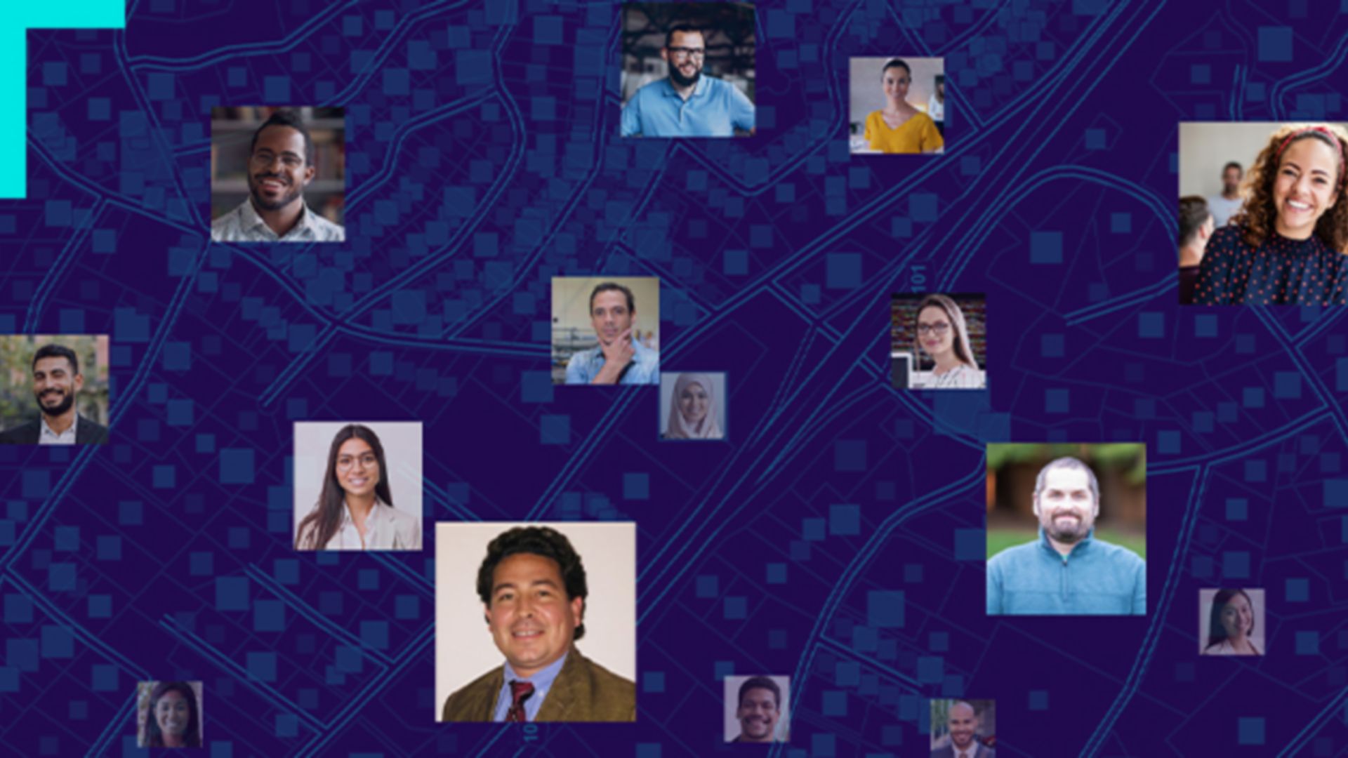 aerial imagery shaded blue overlaid with pictures of people