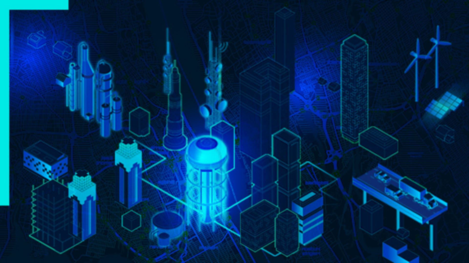 A dark blue graphic displaying 3D designs of buildings and industry infrastructure interconnected with one another