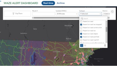 A zoomed-in view of the 5 filters, including 29 types of Waze alerts to refine what displays on the map.