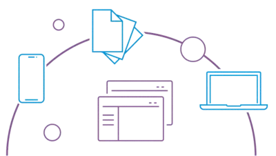 An illustration of internet browsing windows surrounded by a mobile device, a stack of paper, and a laptop
