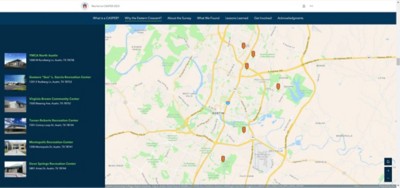 A map of Austin, TX, with six orange pins marking the locations of different community centers